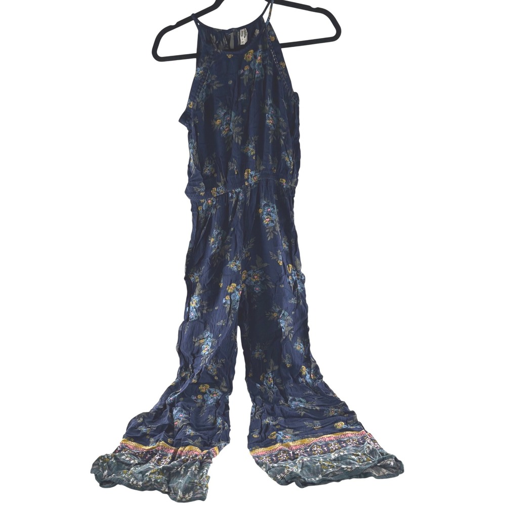 Mudd Womens Navy Blue Floral Halter Jumpsuit Wide Leg Boho Festival Size Small